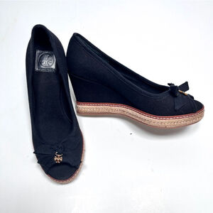 Women's Tory Burch Black Canvas Wedge Shoes Size 7.5M